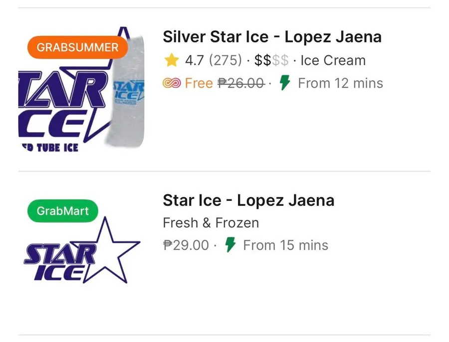 Star-Ice tube ice shown as available through supporting Grab and GrabMart listings