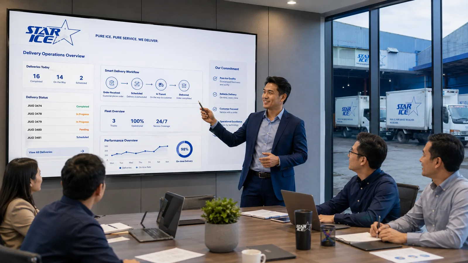 Management presentation showing the Star-Ice delivery performance dashboard in a modern meeting room